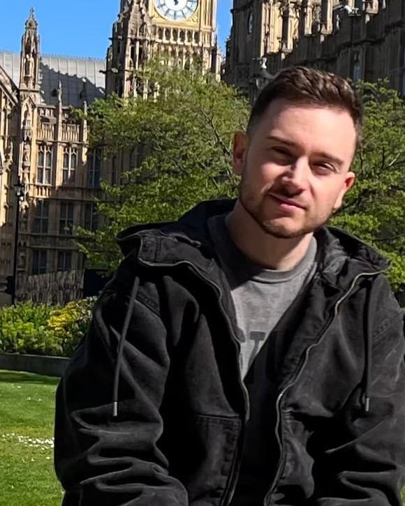 Daniel Murcia in front of the Palace of Westminster, London
