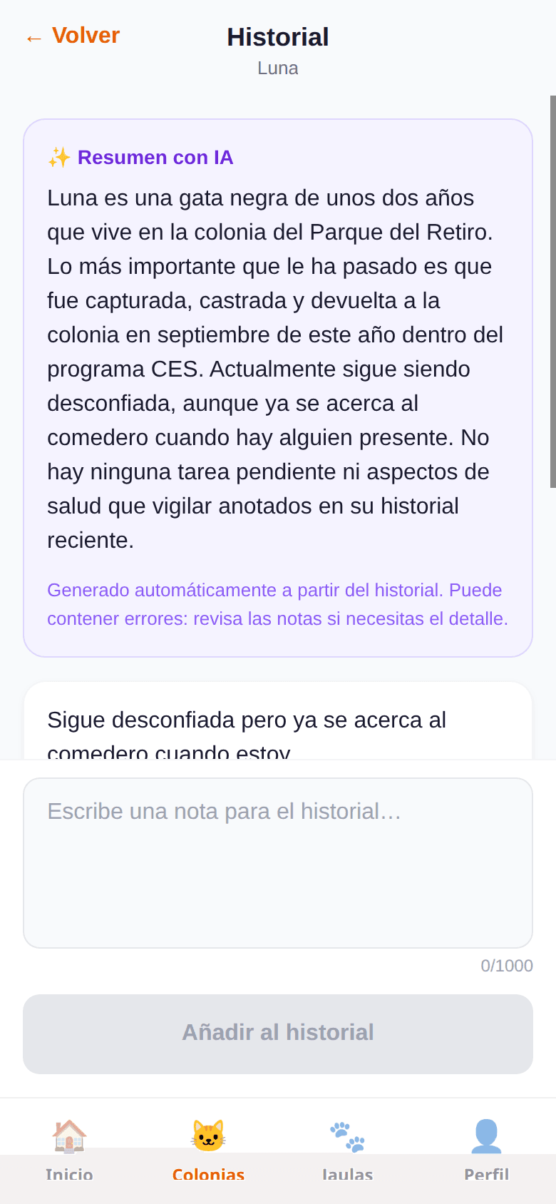 Cat history with AI summary